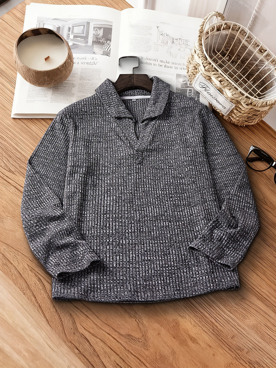 Men's Solid Color Casual Henley Shirt with V-Neck Design, Trendy and Versatile, Medium Stretch Fabric, Soft Feel - Dark Gray
