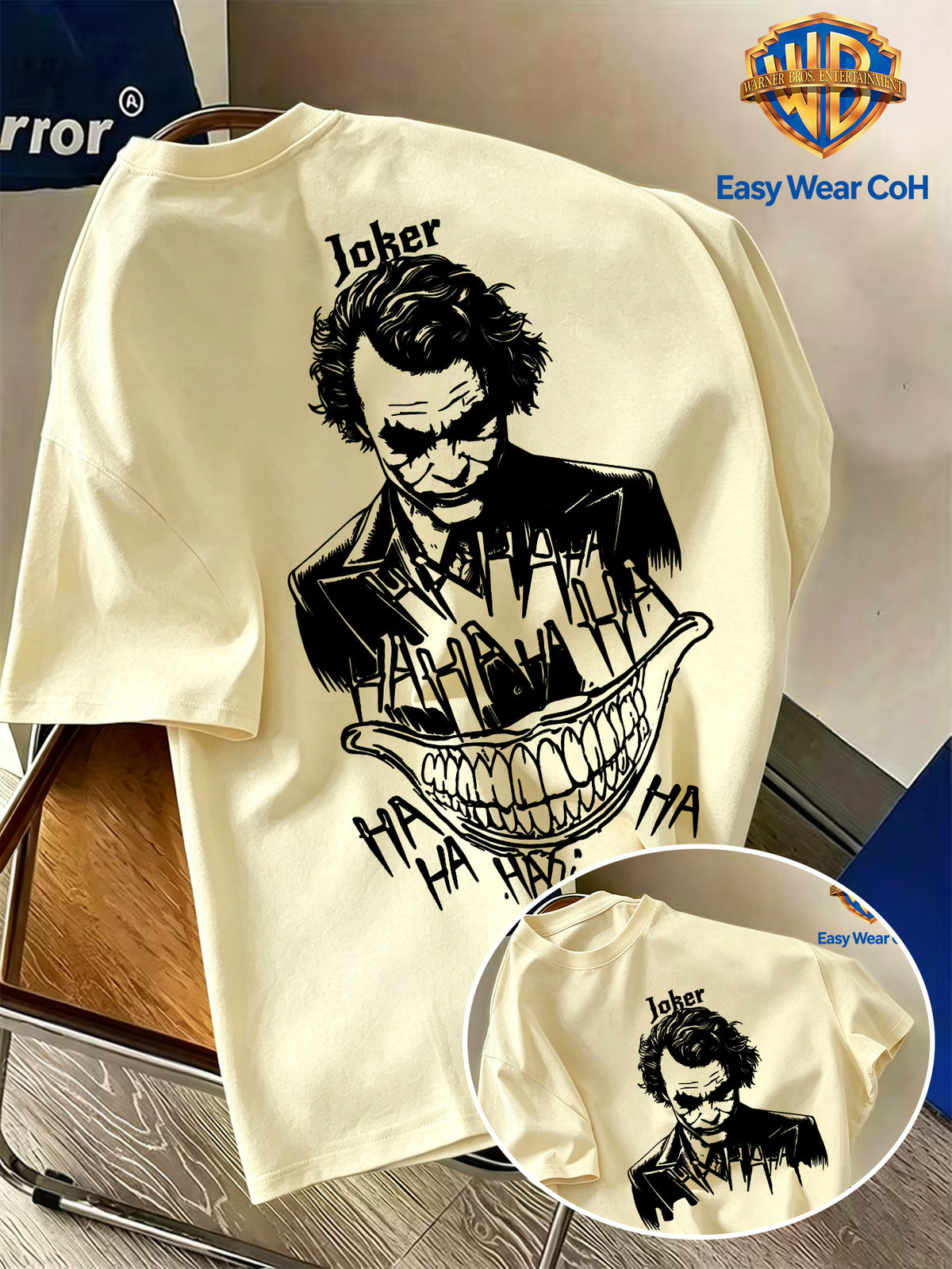 Warner Official Licensed Men'S New Front Back Print Round Neck Short Sleeve T-Shirt, Hand-Drawn Sketch Style Joker JOKER Black And White Sketch HA HA Laughing Element Line Print Design, Breathable Skin-Friendly Soft Fabric - Apricot