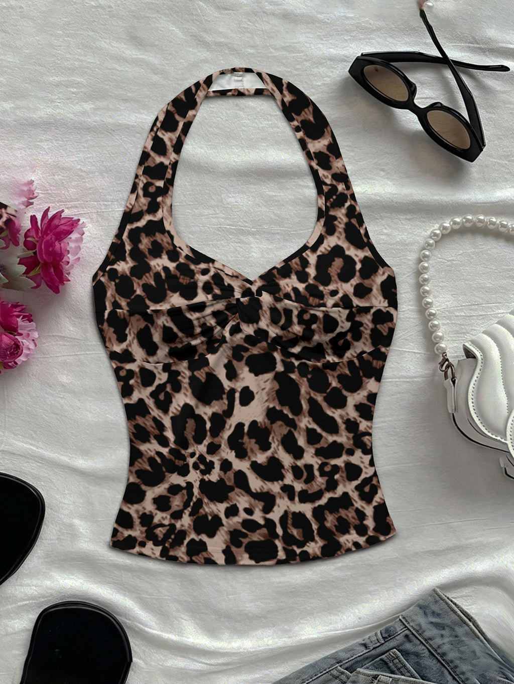 Women'S Spring/Summer New Arrival Daily/Dating/Vacation Casual Printed Twist Front Halter Neck Crop Top - Coffee Brown