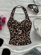 Women'S Spring/Summer New Arrival Daily/Dating/Vacation Casual Printed Twist Front Halter Neck Crop Top - Coffee Brown