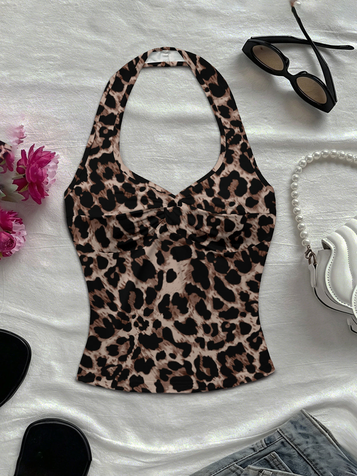 Women'S Spring/Summer New Arrival Daily/Dating/Vacation Casual Printed Twist Front Halter Neck Crop Top - Coffee Brown