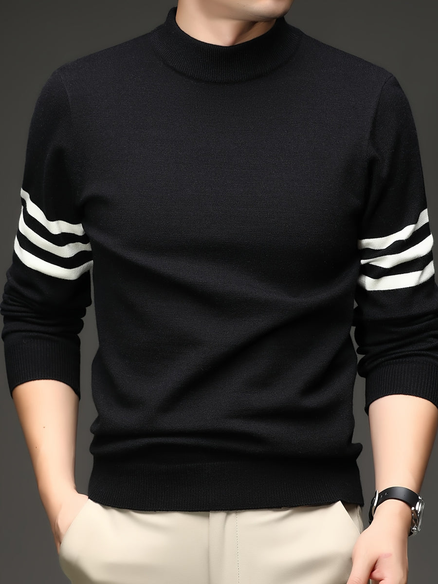 [Wading Whale OBM] 1pc Autumn Winter New Men'S Knit Pullover Sweater, Old Money Style Contrast Striped Round Neck Long Sleeve Knit Sweater for Men, Business Casual Fashion Striped Sweater, Suitable for Spring, Autumn, Winter Layering Or Inner Wear - Black