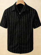 Men's Jacquard Textured Stripe Patchwork Short-Sleeve Shirt, Beach Casual Vacation Shirt, Men's Short-Sleeve Shirt - Black