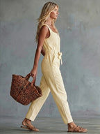 Women'S Retro Western Style Comfortable Loose Fit, Pocket Decor Sleeveless Jumpsuit, Suitable for Spring/Summer Outings And Parties, Easy Elegant Wear - Yellow