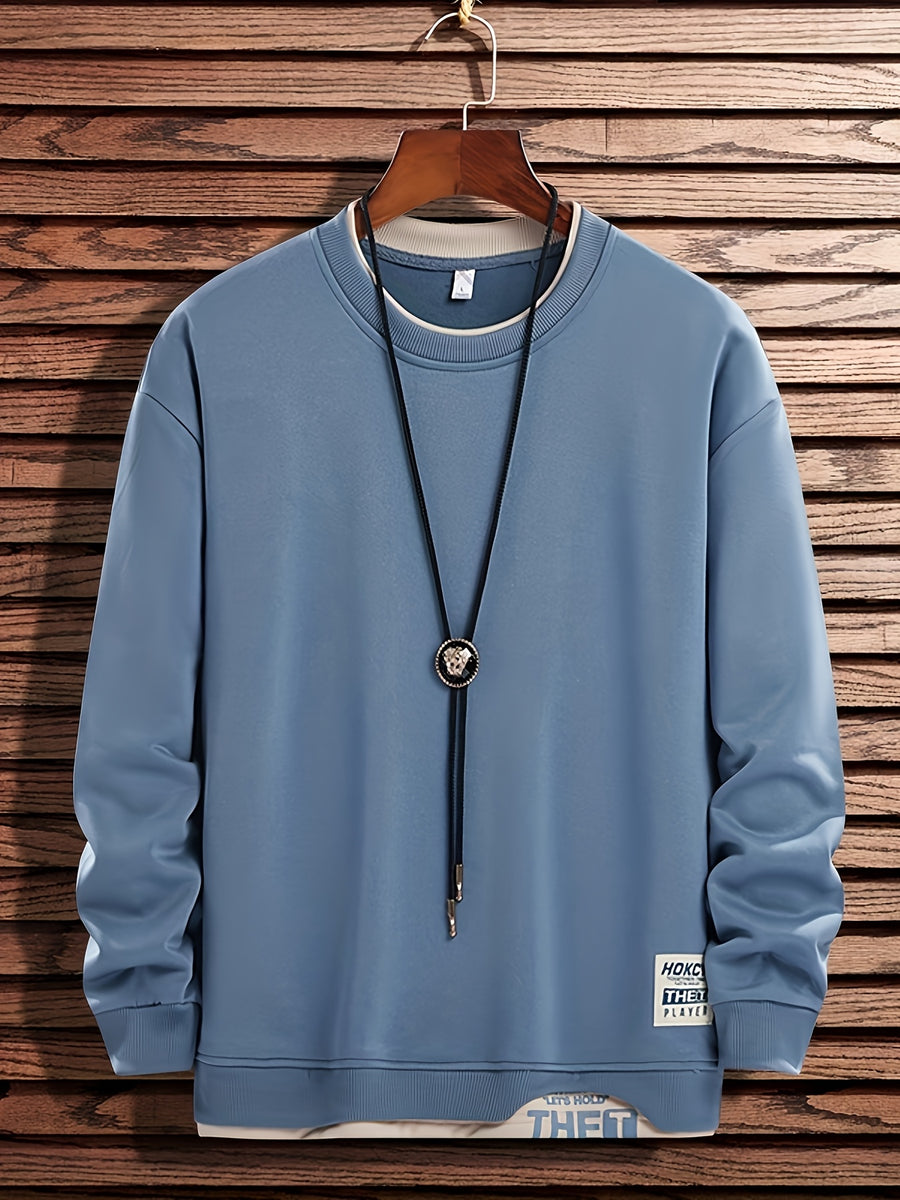 Single-pack Men's Spring/autumn Casual Sport Sweatshirt, Fashionable Round Neck Long Sleeve with Slight Stretch, Letter Color-blocked Top, Suitable for Outdoor Couple Running, Daily Hiking, and Gift-giving - Blue