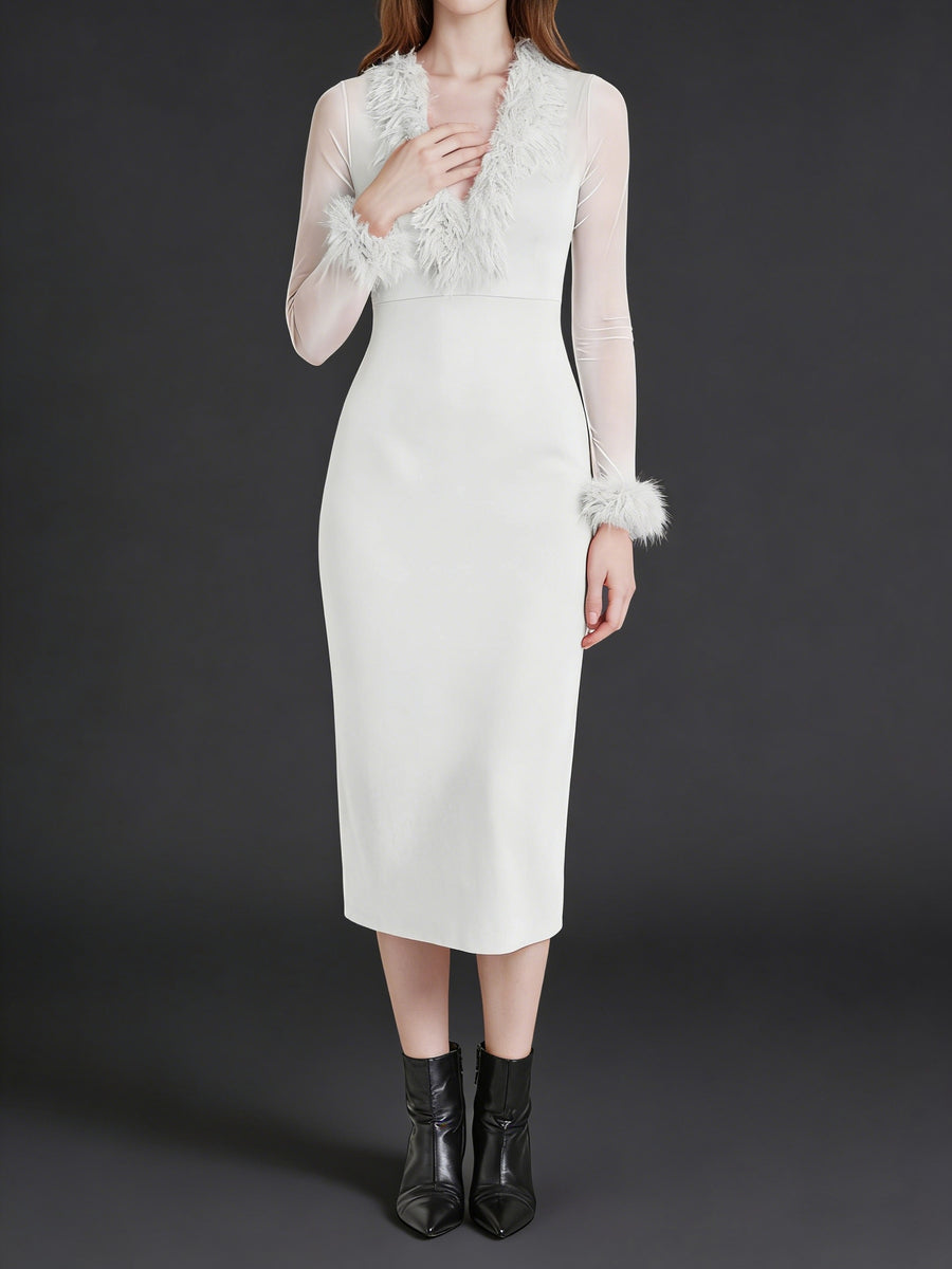 European And American Style Party Dress with Long Sleeves, Deep V-Neck, Mesh Sleeves, Fitted Silhouette, And a Slit, Perfect for Party Occasions - Ivory White