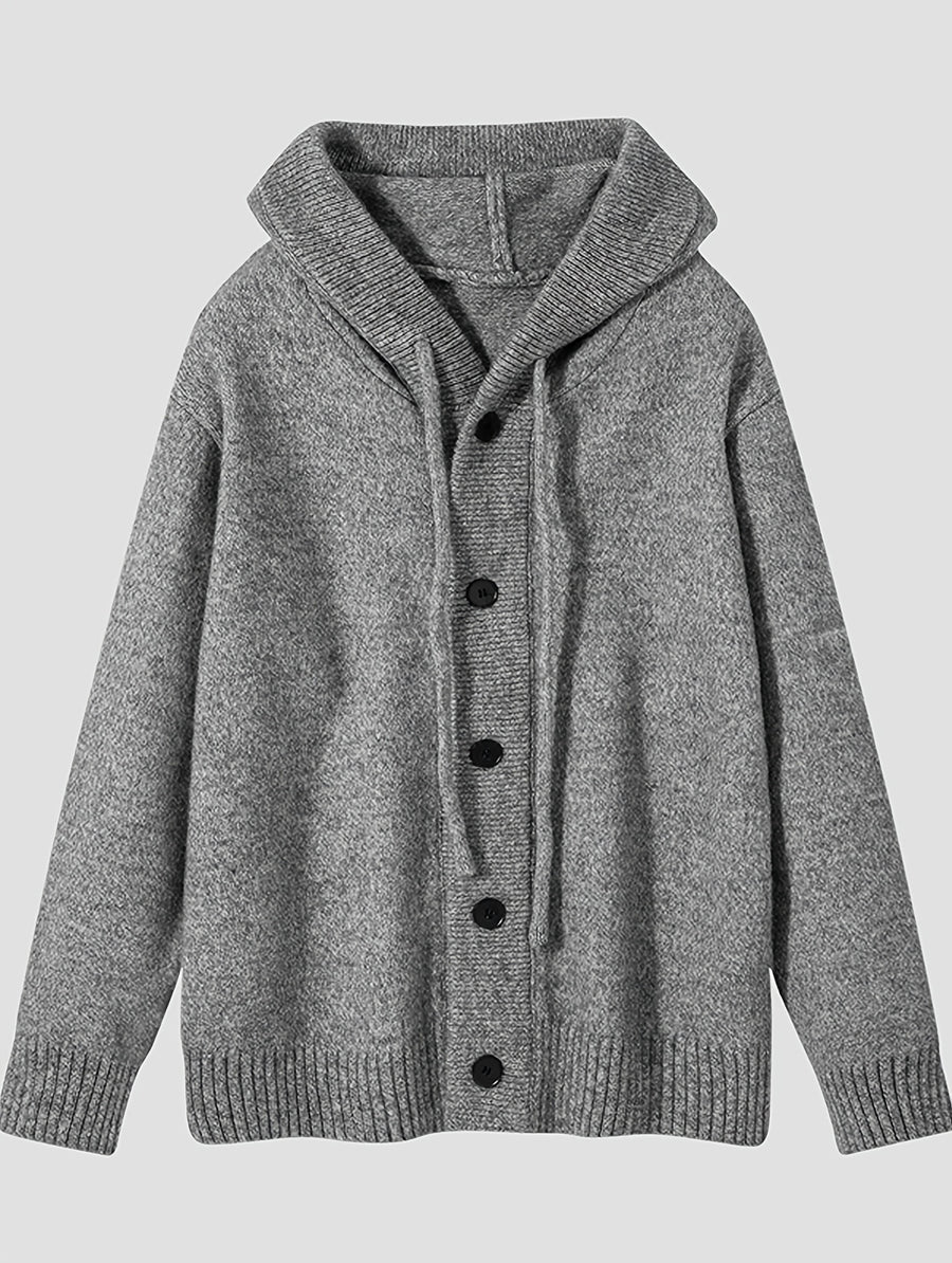Hooded Knit Cardigan Men'S Autumn Winter Loose Casual Drawstring with Hat Sweater Jacket All-Match Single Button Top - Grey