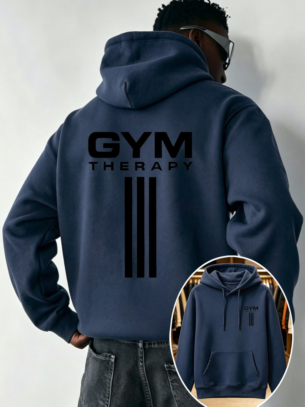 Men'S Trendy Print Casual Hooded Sweatshirt - GYM THERAPY Vertical Fitness Text Double-Sided Pattern Regular Fit with Front Kangaroo Pouch, Adjustable Drawstring Hood, Soft Fabric, Washable Print, Home, Commute, Camping Wear - Navy Color