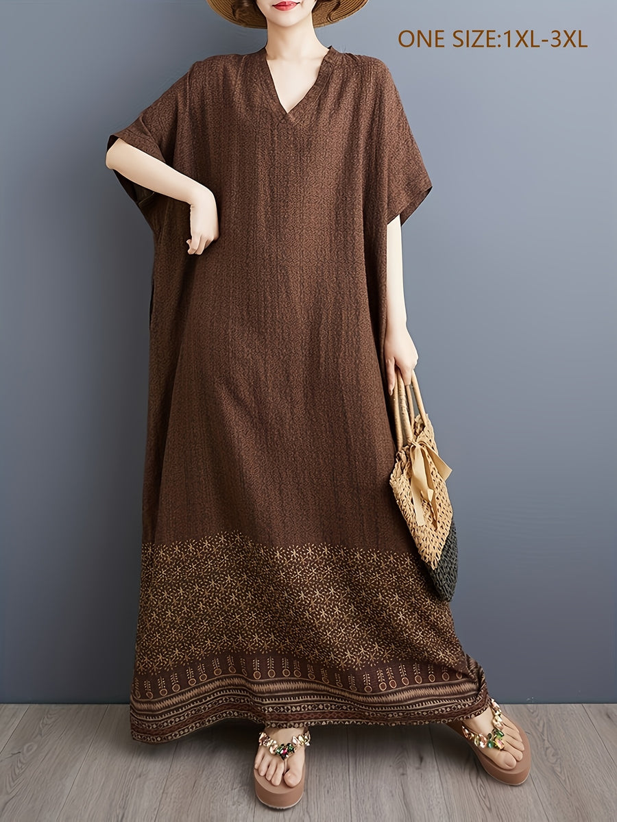 Plus Size Loose Comfortable Easy V-Neck Tie-Pocket Home Robe - Dark Brown
