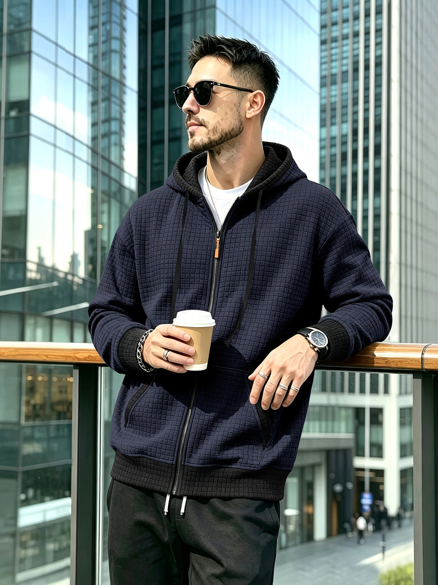 Men'S Fashion Hooded Color-Block Waffle Jacket, Zipper with Drawstring Coat, Suitable for Daily Commute, Outdoor Casual Sports Jacket - Navy