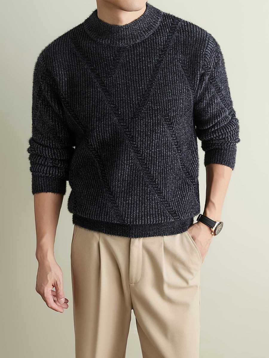 Men'S Olive Green Herringbone Knit Crew Neck Sweater, Textured Long Sleeve Pullover with Ribbed Trim, Old Money Fall Winter Top - Charcoal Gray