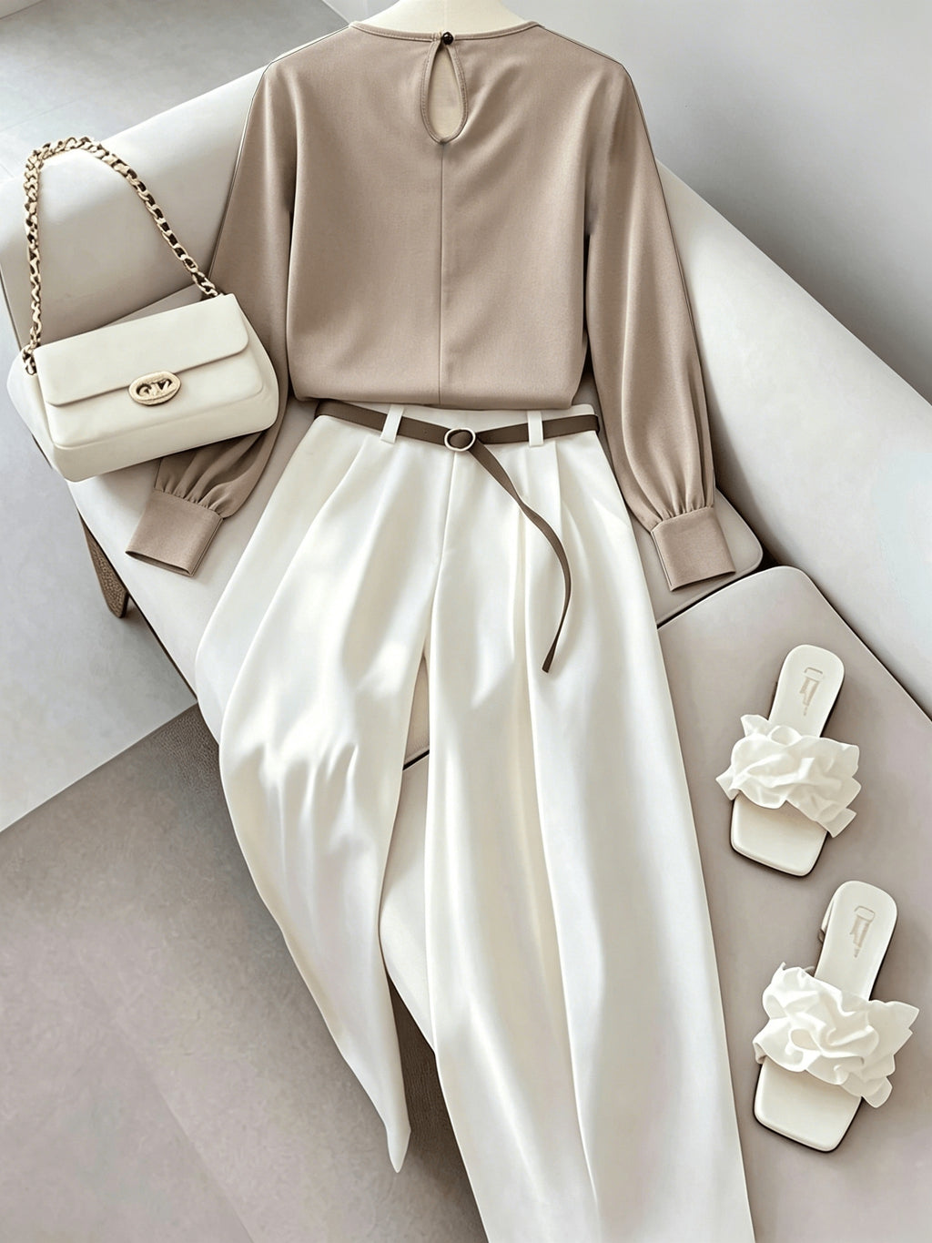 New Women's Elegant Casual Long-Sleeve Shirt + Straight-Leg Pants Set, Belt Not Included - Coffee+White