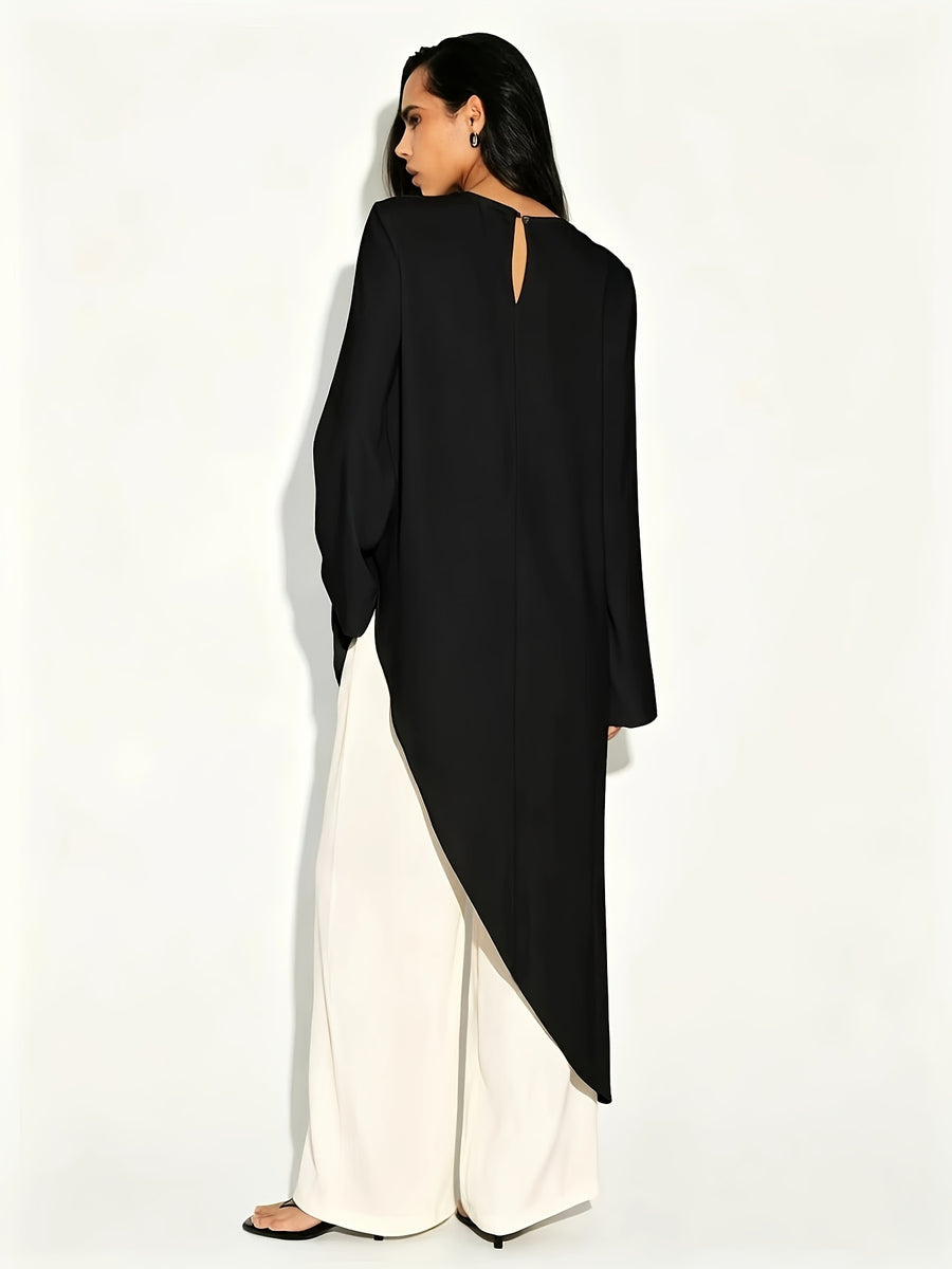 Elegant Directional Asymmetrical Flowing Long Sleeve Round Neck Waist-Cinching Top, Side Slit Design, Casual Daily Shirt - Black