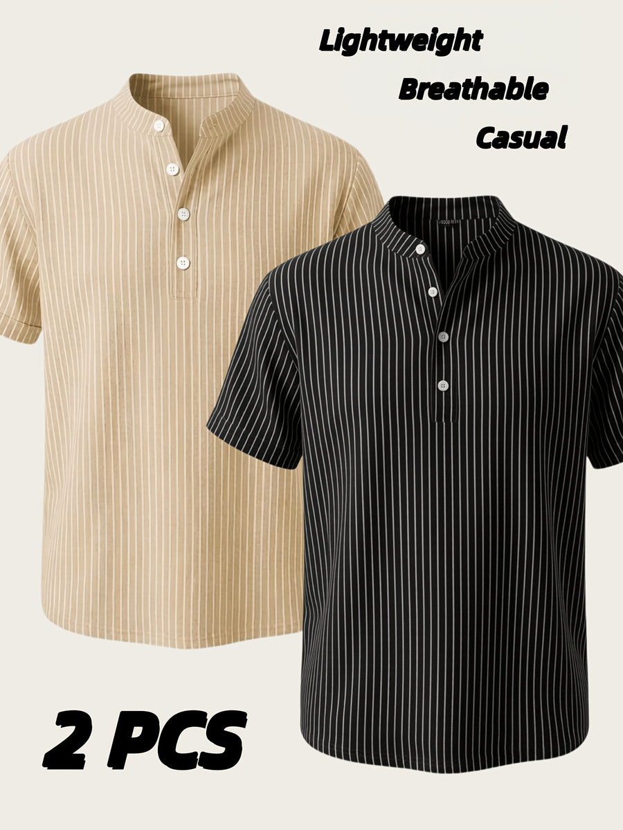 Josh Rose OBM 2pcs Men's Henley Shirts, Men's Summer Short Sleeve Regular Fit, Lightweight and Breathable, 95% Linen, Solid and Striped in Black and White, Features 4 Buttons, Suitable for Summer Daily Work, Casual, and Vacation Occasions - Khaki+Black