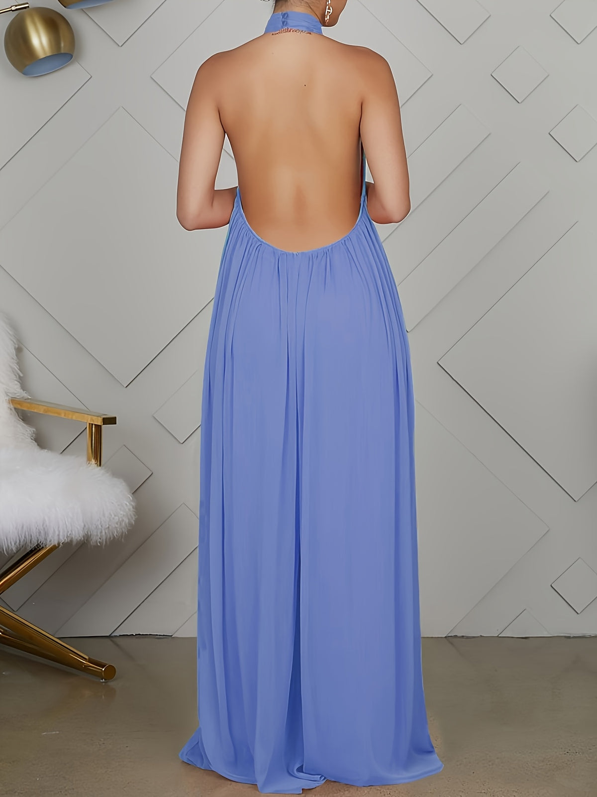 Women'S Casual Vacation Chiffon Halter Neck Backless Wide-Leg Jumpsuit - Deep Sky Blue