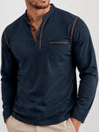 2pcs Men'S Autumn Winter Stand-Collar Long Sleeve Henley Shirts, Contrast Color Pinstripe Polo Shirts with Pockets, Soft And Breathable Sweat-Absorbing, Business Casual Basic Long Sleeve Top, Skin-Friendly Soft Fabric Comfortable, Sweat-Resistant - Navy Blue+Army Green