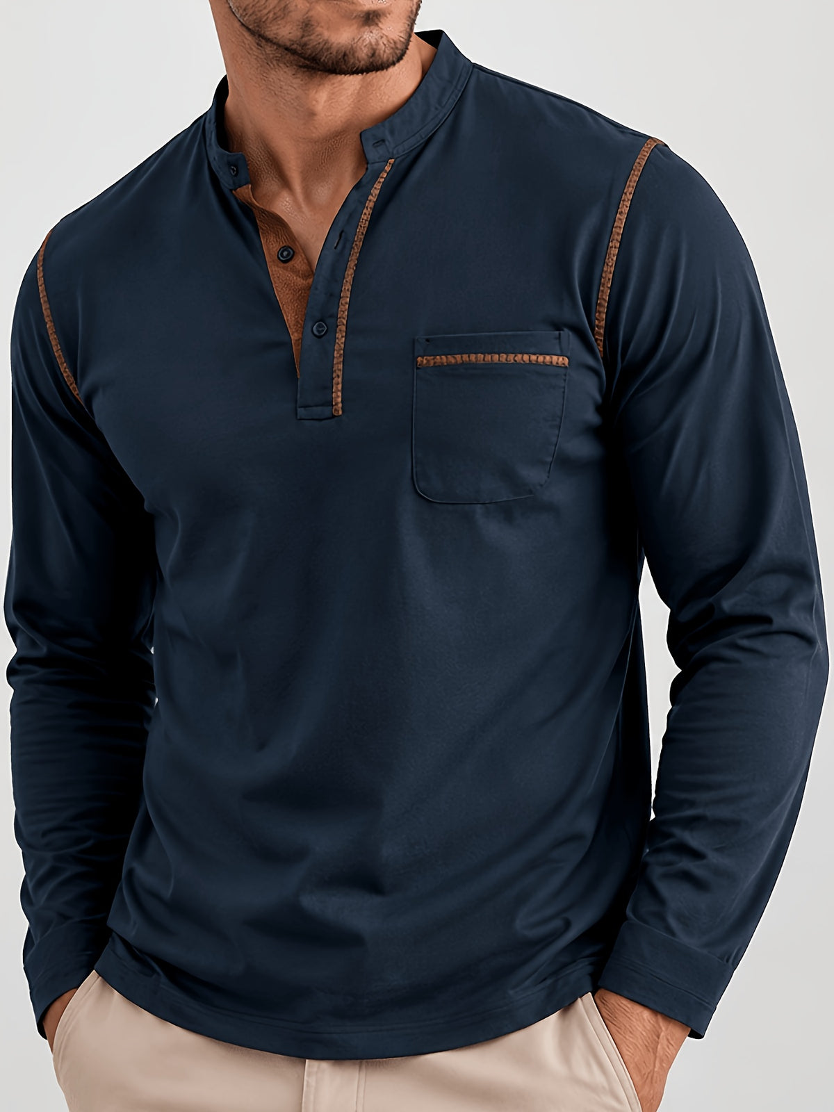 2pcs Men'S Autumn Winter Stand-Collar Long Sleeve Henley Shirts, Contrast Color Pinstripe Polo Shirts with Pockets, Soft And Breathable Sweat-Absorbing, Business Casual Basic Long Sleeve Top, Skin-Friendly Soft Fabric Comfortable, Sweat-Resistant - Navy Blue+Army Green