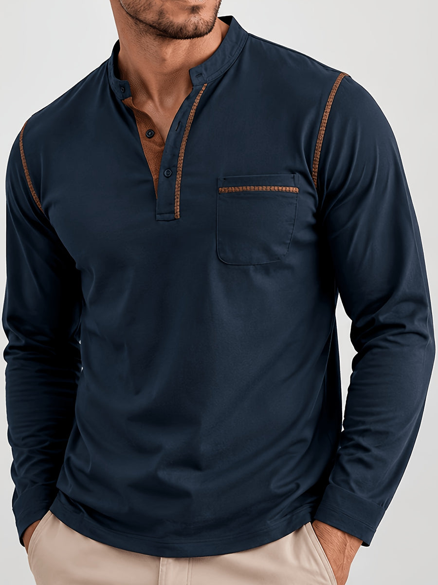 2pcs Men'S Autumn Winter Stand-Collar Long Sleeve Henley Shirts, Contrast Color Pinstripe Polo Shirts with Pockets, Soft And Breathable Sweat-Absorbing, Business Casual Basic Long Sleeve Top, Skin-Friendly Soft Fabric Comfortable, Sweat-Resistant - Navy Blue+Army Green