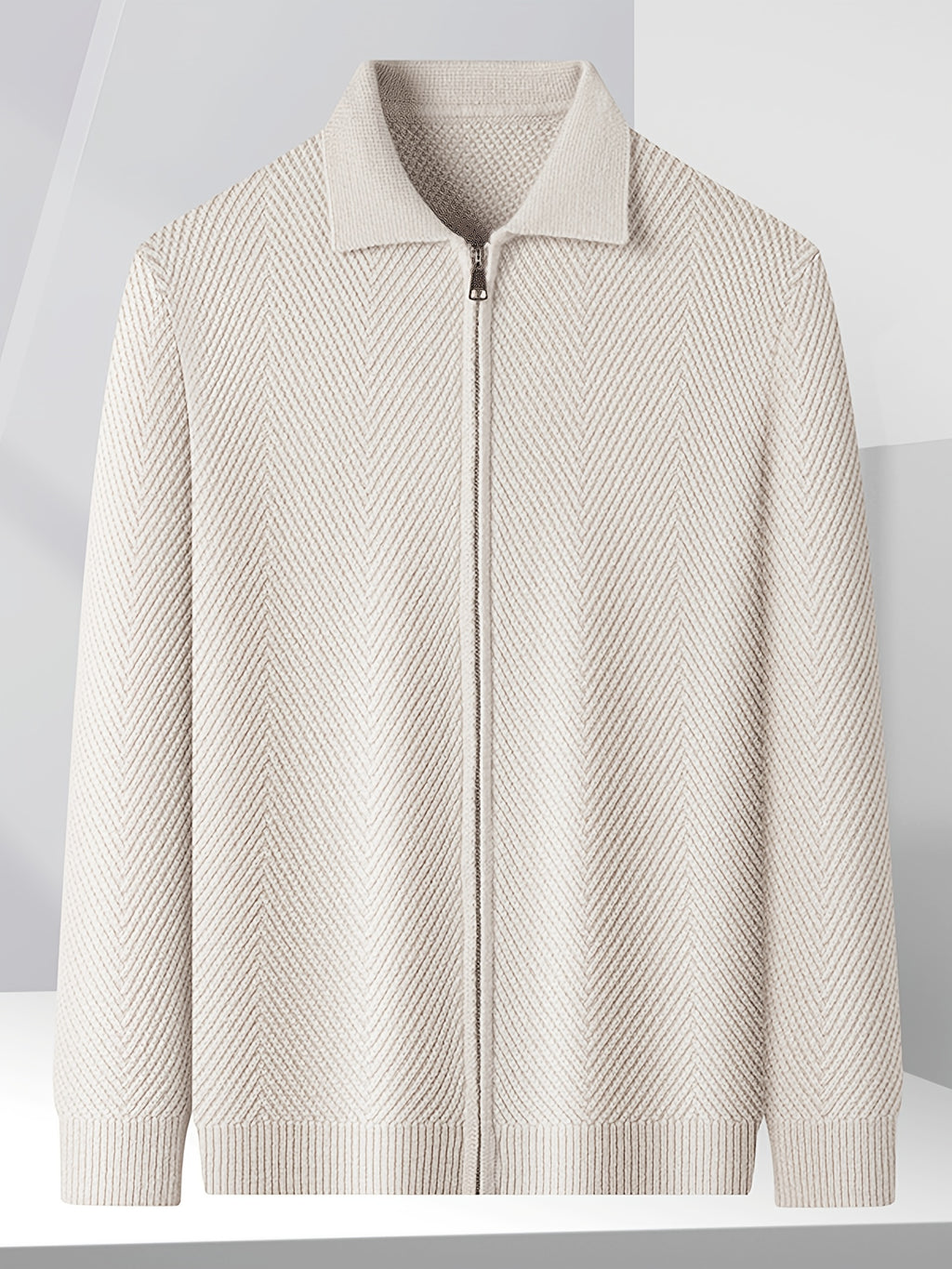 Men's Winter Loose-Fit Polo Lapel Full-Zip Knit Cardigan, Drop-Shoulder Thickened Outerwear, Streetwear Casual Style, Knit Top for Daily Outings - Apricot