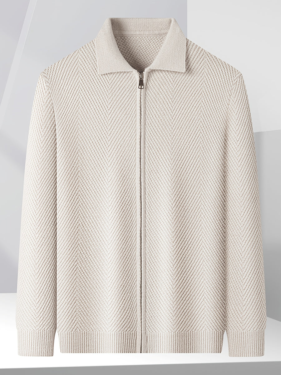 Men's Winter Loose-Fit Polo Lapel Full-Zip Knit Cardigan, Drop-Shoulder Thickened Outerwear, Streetwear Casual Style, Knit Top for Daily Outings - Apricot