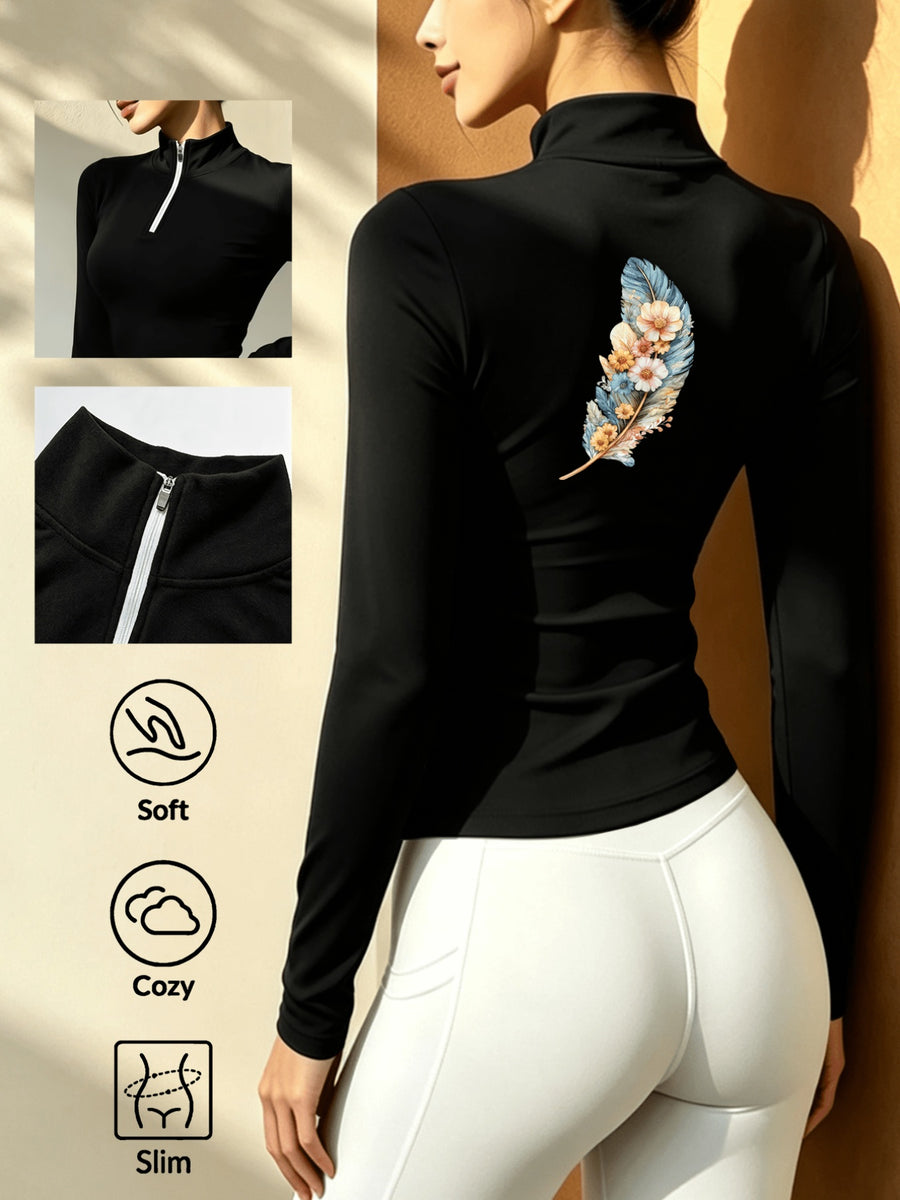 Women'S Soft Elastic High-Neck Printed Fitted Top, Thickened Warm Long Sleeve, Autumn/Winter Casual Layering T-Shirt - Black