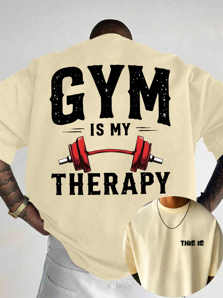 Men's 100% Pure Cotton Comfortable and Breathable T-Shirt, Gym Barbell Print, for All-Season Casual Sports and Fitness - Apricot