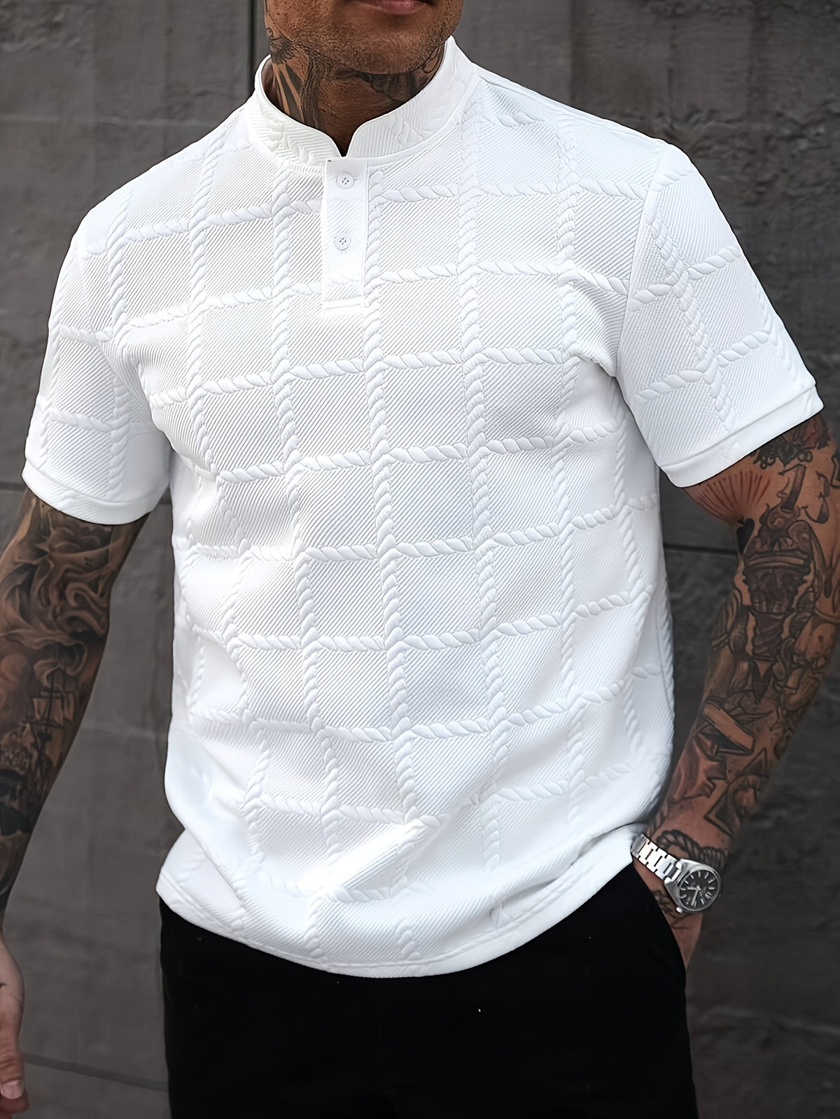 New Cross-Border Men'S Fashion Summer Casual Sports Short-Sleeved Small Stand-Up Collar Henley Shirt - White
