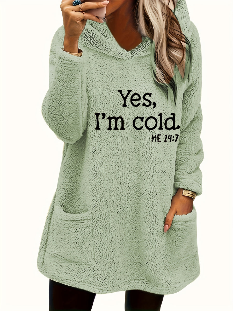 Women's "Yes I'm Cold" Printed Teddy Bear Hooded Sweatshirt - 100% Polyester Relaxed Fit Long Sleeve Pullover with Double Pockets, Cozy Fleece-Lined Casual Winter Top for Fall & Winter - Light Green
