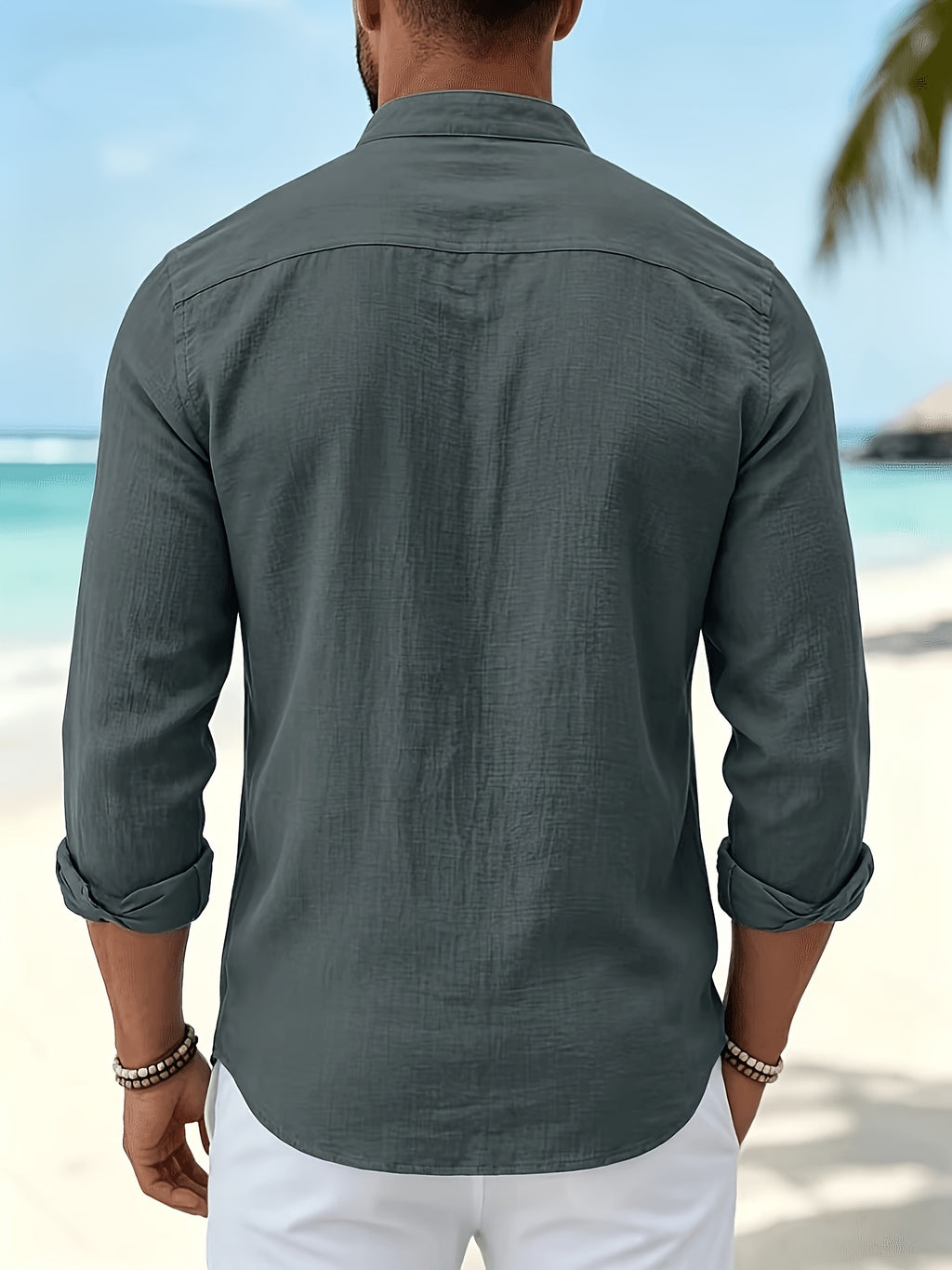 Men'S Fashion Breathable Comfortable Beach Casual Small Lapel Long Sleeve All-Season Shirt - Grey