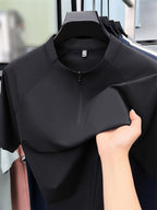 New Summer Men's Short-Sleeve Henley Shirt, Half-Zip Stand Collar Raglan Solid Color Top, Versatile Multi-Color Men's Apparel for Business Commuting, Outdoor, Fitness, Golf, Men's Gift - Black