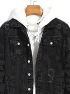 New Men'S Casual Denim Jacket in Solid Color, Non-Stretch, with Stylish Streetwear Vibe And Distressed Details - Black