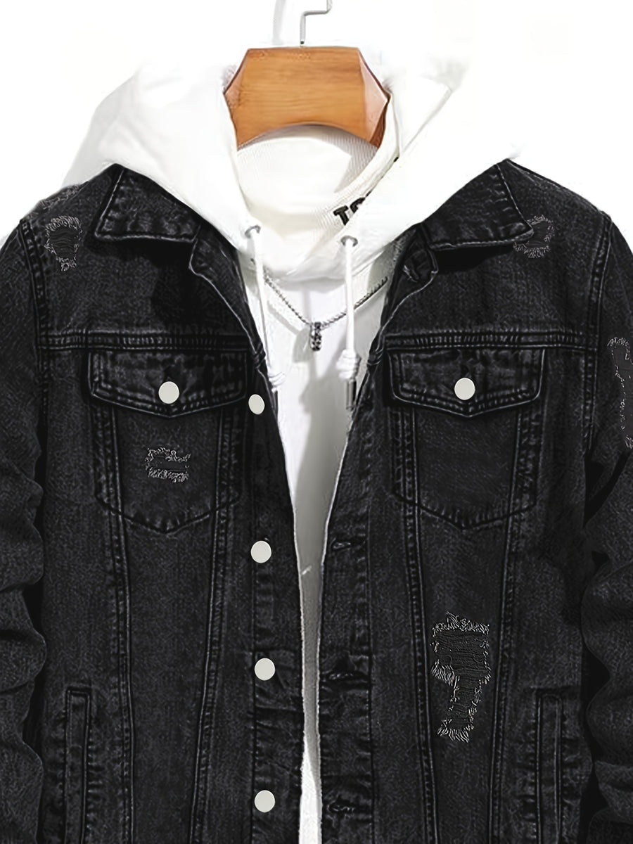 New Men'S Casual Denim Jacket in Solid Color, Non-Stretch, with Stylish Streetwear Vibe And Distressed Details - Black