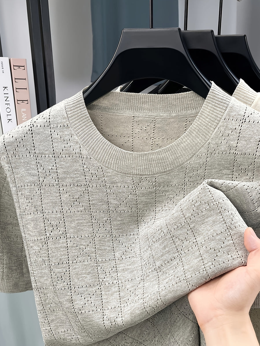Men's Breathable Hollow-Out Short Sleeve T-Shirt/Polo Shirt - Lightweight Round Neck Loose-Fit Top with Hollow-Out Texture, Solid Color Base Layer -Compatible for Casual & -Casual Wear, Machine Washable Suitable for - Oatmeal Ash