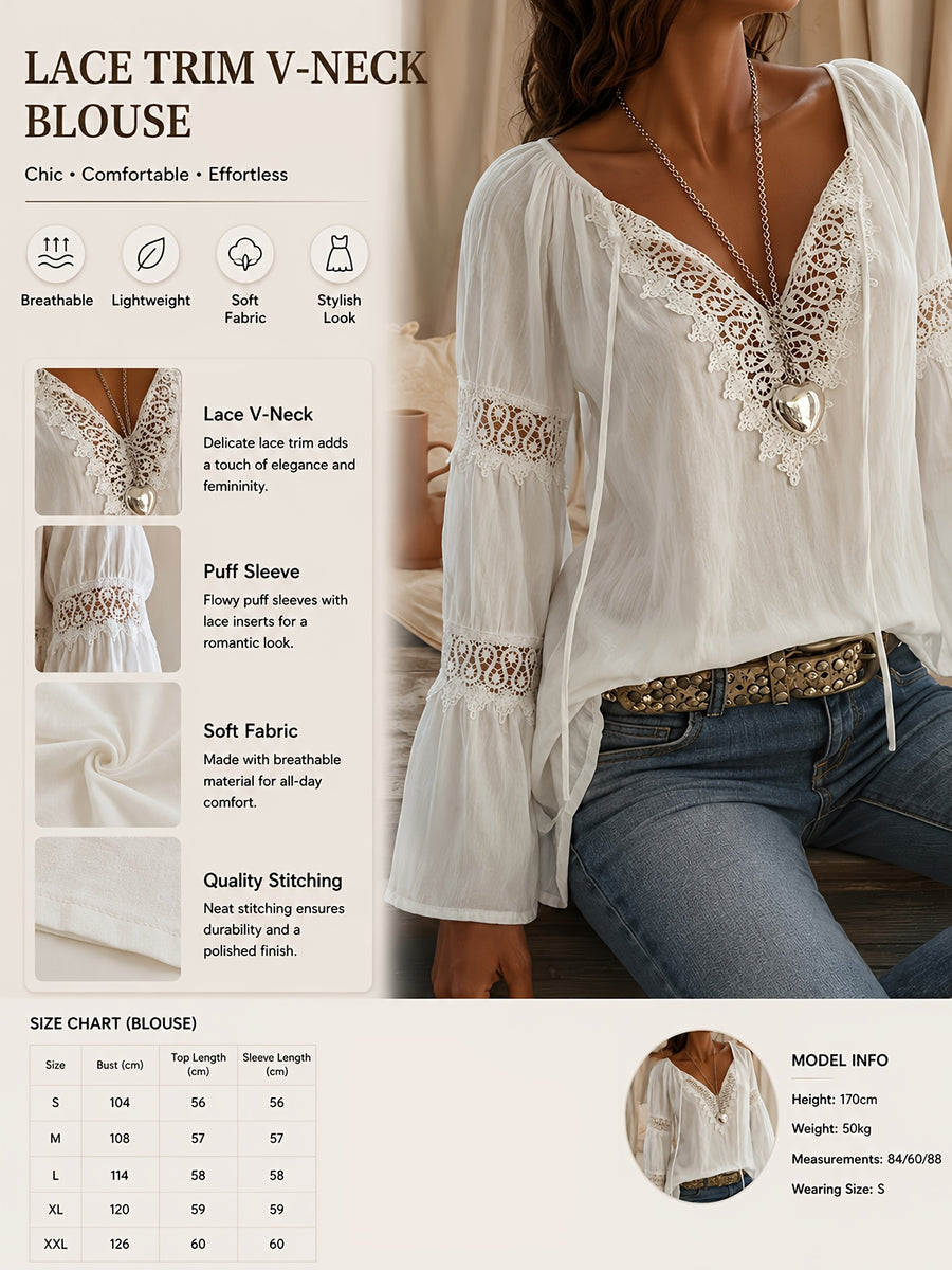 Women's Elegant Lace V-Neck Blouse Shirt - Solid Color Long Sleeve Blouse with Lace Collar & V-Neck, Machine Washable Suitable for Commuting, Office, Weddings, Spring Summer Fall Wardrobe Essential, Non-Stretch Professional Attire - White