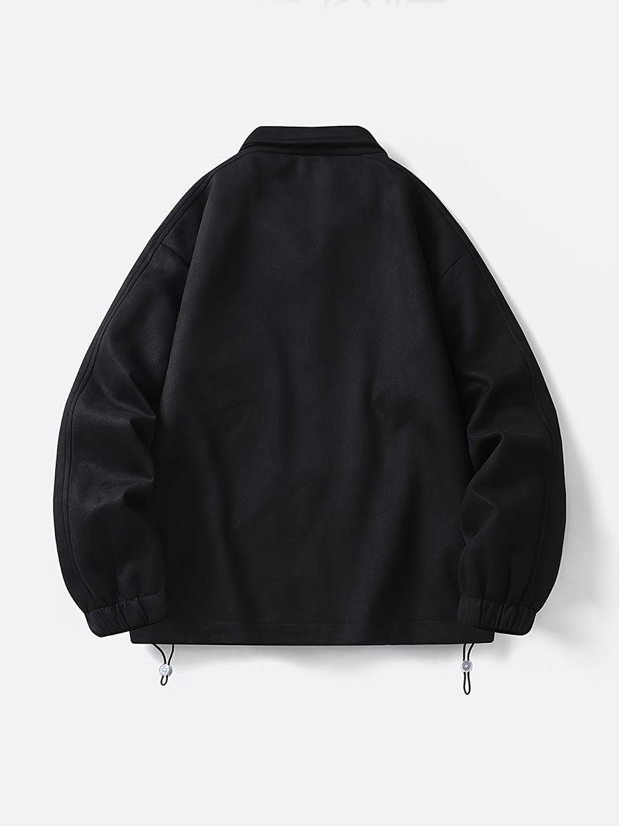 Men's Solid Color Stand Collar Zipper Jacket, New Spring/Autumn Simple Casual Workwear Outerwear, Loose-Fitting Versatile Fashion Top with Inner Pockets, Elastic Cuffs and Hem, Men's Daily Commuter Jacket - Black