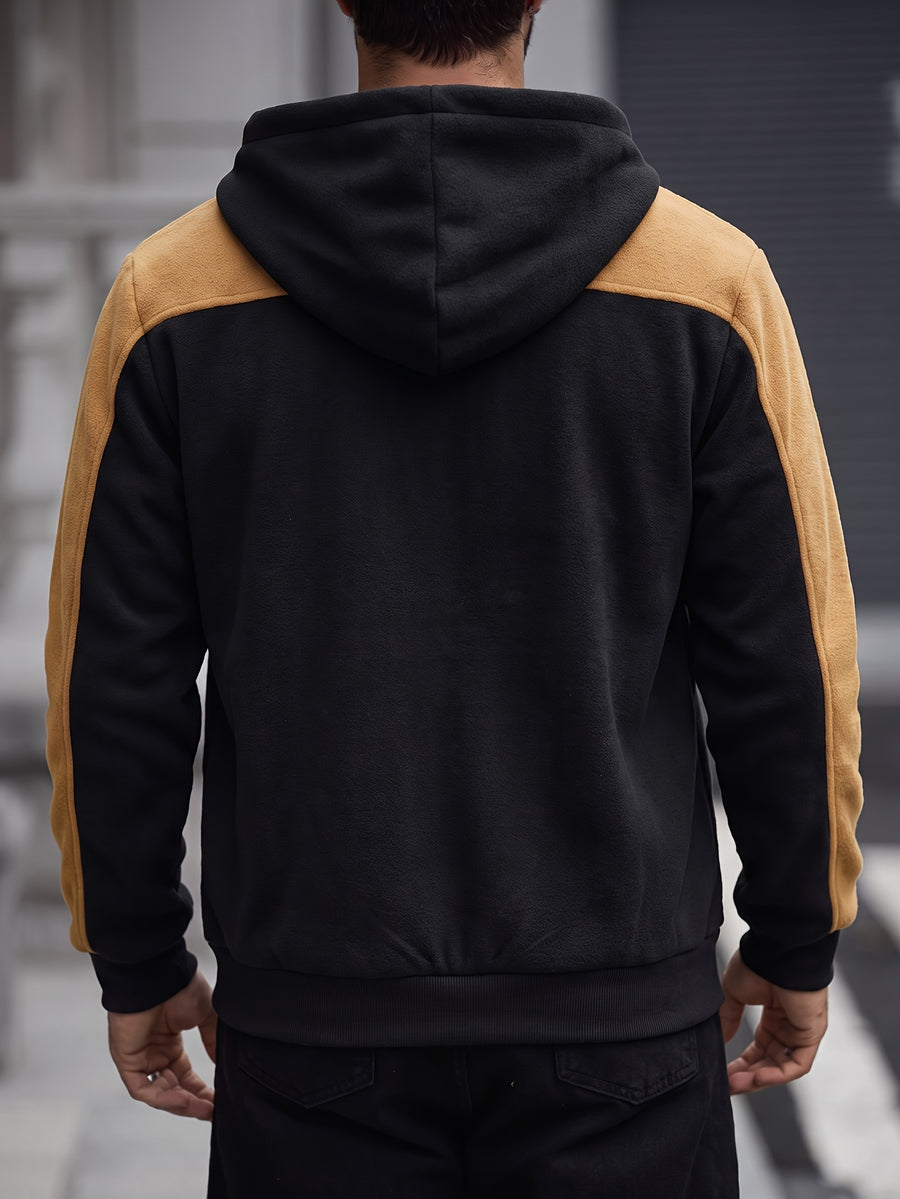 Men's Trendy Color-Block Hooded Jacket New Arrival! The Black-and-brown Spliced Design Offers a Strong Visual Sense of Layering, with Smooth Fabric for a Comfortable and Stylish Fit. The Full-length Zipper and Pockets Are Both Practical - Black