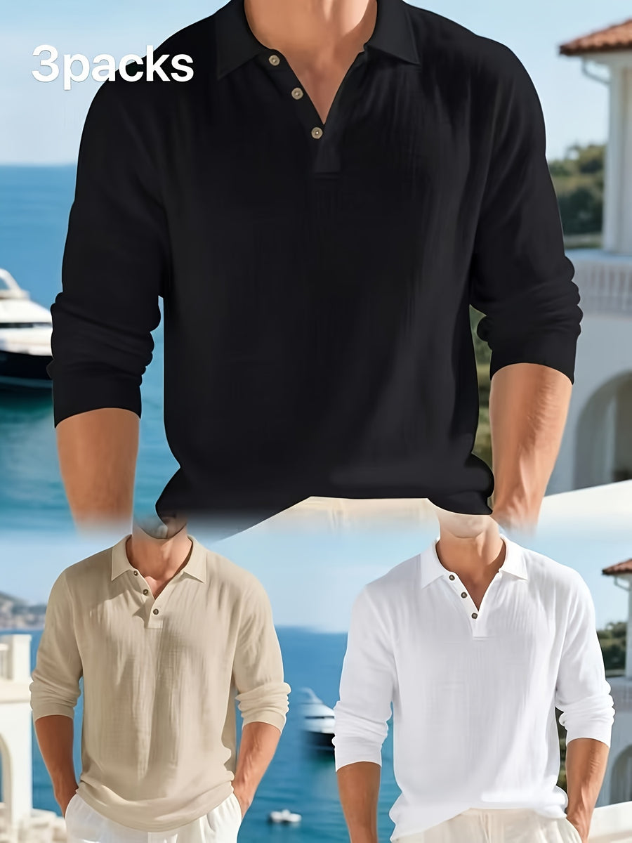 Summer Men'S 3pcs Lightweight Breathable Linen Long Sleeve Polo Shirt Solid Color Versatile Henley Button-Up T-Shirt Casual Vacation Commute Top - Black+khaki+white