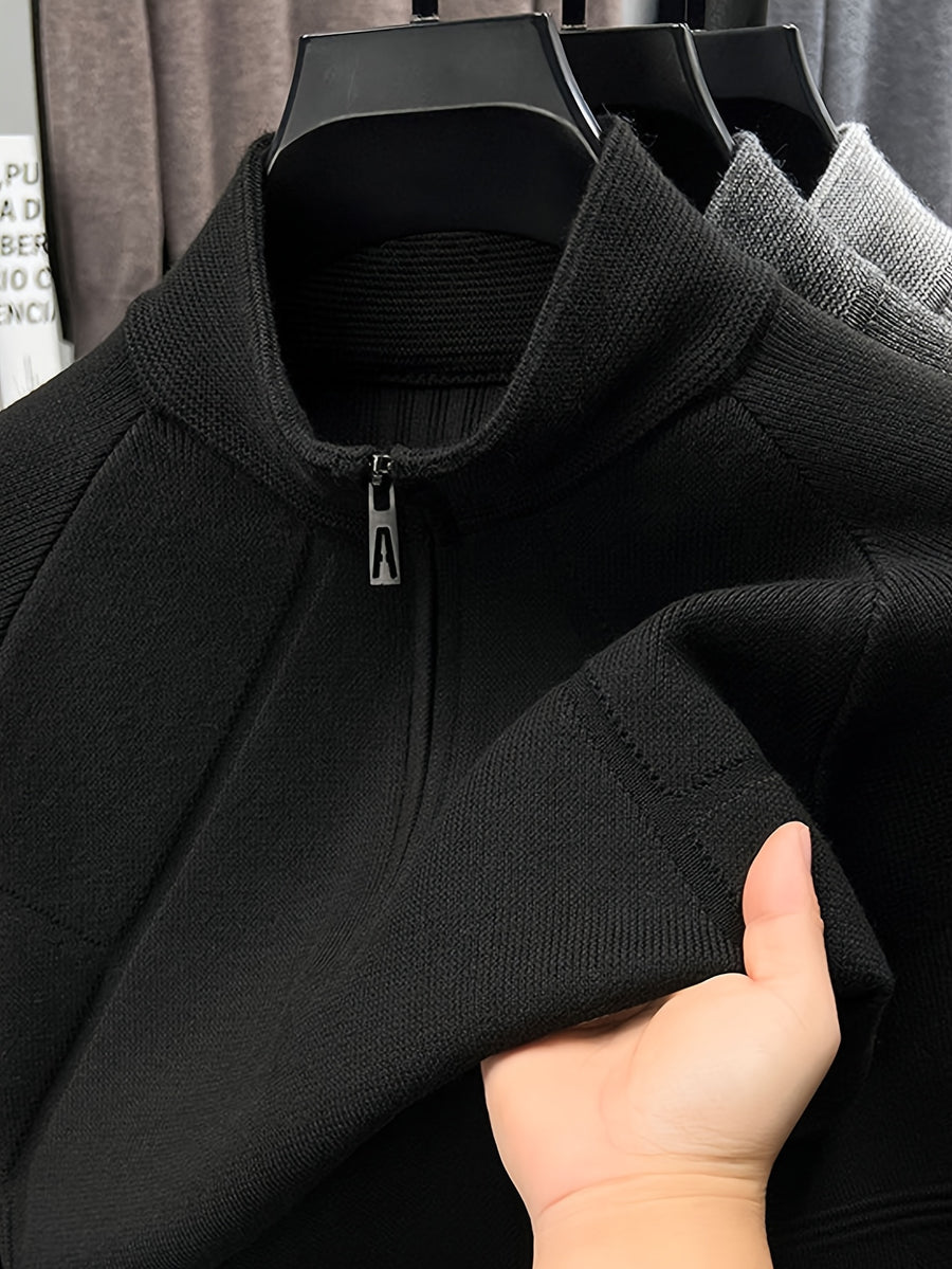 Men's Half-Zip Stand Collar Knit Sweater, Long Sleeve Pullover, Ribbed Neckline, Cuffs, and Hem, Suitable for Spring and Autumn as a Standalone Piece, Can Be Layered in Winter - SINBOS - Black