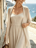 Women's Solid Color Camisole Maxi Dress + Lightweight Chiffon Cardigan 2pcs Set for Spring, Summer, and Autumn. This Lightweight Chiffon Cardigan and Camisole Dress 2pcs Set Is Suitable for Seaside Beaches, Island Trips, Afternoon Tea - Apricot