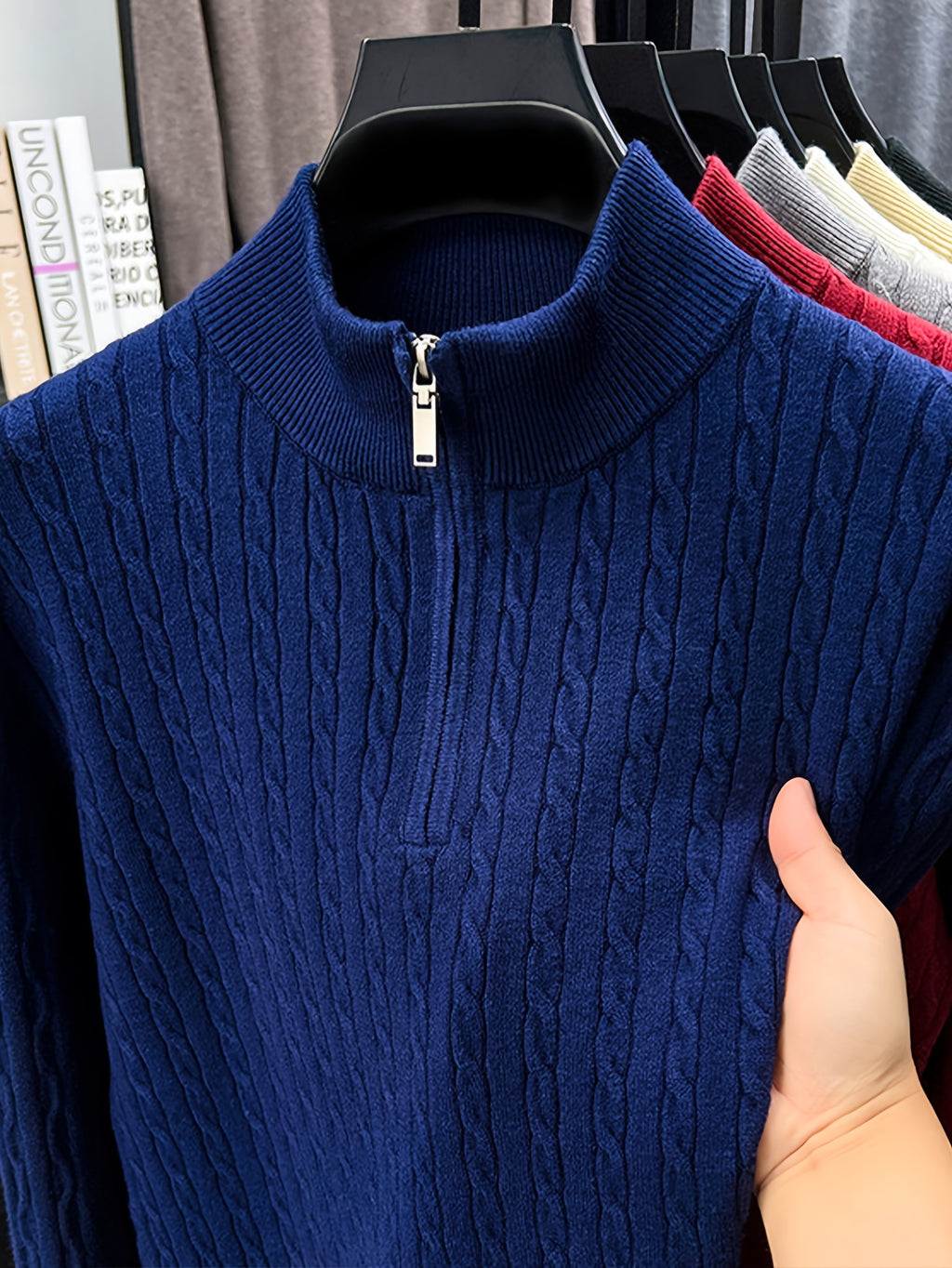 Half-zip Cable-knit Sweater, Fully Constructed with Herringbone Cable Stitching for a Strong Three-dimensional Texture. Compared to a Stockinette Sweater, It Has a More Vintage Feel. The Slightly Relaxed Fit Offers Good Forgiveness for Body Shapes - Navy Color