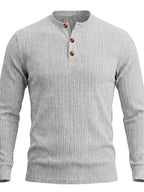 1pc Men's Casual Jacquard Henley Shirt, Autumn/Winter Stretchy Striped Jacquard Textured Fabric Long-Sleeve Polo Shirt, Outdoor Sports Versatile Base Layer Top - Grey