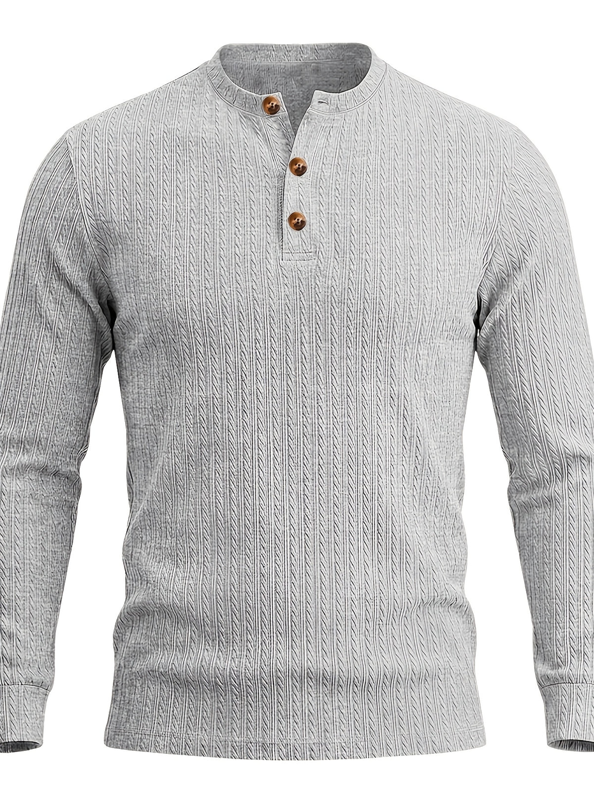 1pc Men's Casual Jacquard Henley Shirt, Autumn/Winter Stretchy Striped Jacquard Textured Fabric Long-Sleeve Polo Shirt, Outdoor Sports Versatile Base Layer Top - Grey