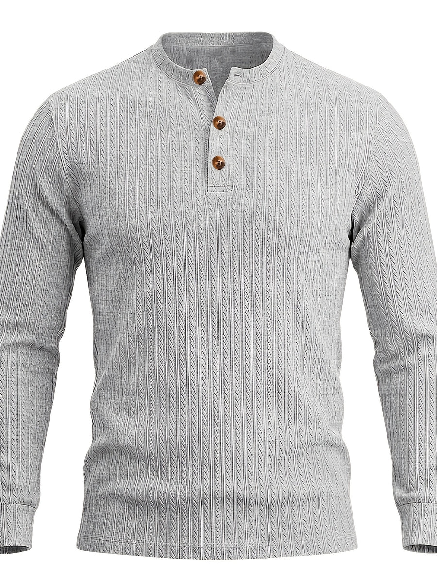 1pc Men's Casual Jacquard Henley Shirt, Autumn/Winter Stretchy Striped Jacquard Textured Fabric Long-Sleeve Polo Shirt, Outdoor Sports Versatile Base Layer Top - Grey