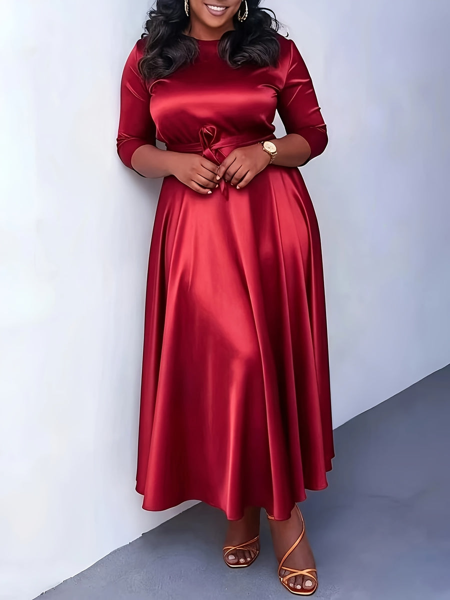 Western Fashion Temperament Solid Round Neck Tie-Up Three-Quarter Sleeve Dress - Burgundy