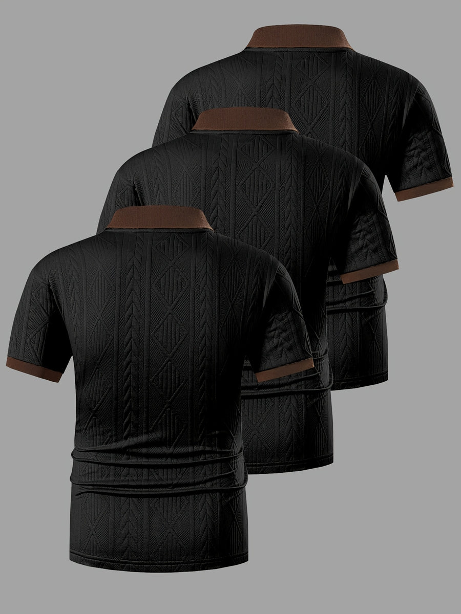 A Set of Three Stylish Men'S Jacquard Polo Shirts, Perfect for Spring, Autumn, And Summer. Made from Jacquard Fabric, They Are Comfortable, Skin-Friendly - Black