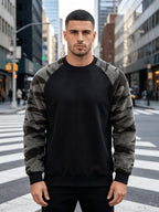 Men's Autumn/Winter Crew Neck Plush Sweatshirt, Raglan Sleeve Plush Sweatshirt, Featuring a Stylish Plush Color Block Patchwork Pattern and Solid Color Design, Made from Wrinkle-resistant Soft Knitted Fabric, It Is Highly Practical - Black