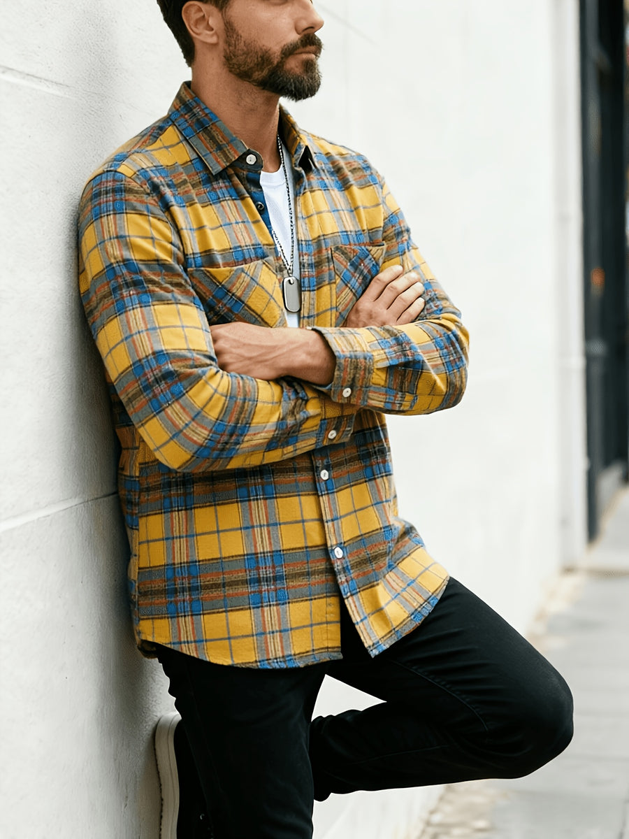 Men'S Casual Plaid Long Sleeve Shirt, Lapel Button-Up Shirt, Double Pocket Design, Classic Checkered Pattern, Twill Fabric, Comfortable And Breathable, Suitable for Spring And Autumn, Casual Outing, Men'S Dress Shirt, Men'S Shirt, Casual Business - Yellow And Blue Plaid