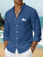 Men'S Casual Stand-Collar Button-Up Long Sleeve Shirt, Faux Linen Skin-Friendly Soft Breathable, Geometric Steed Print Top, Suitable for Beach Activities, Island Vacation Style And Party Casual Commute, Comfortable Texture for Casual Men'S Wear - Navy Color