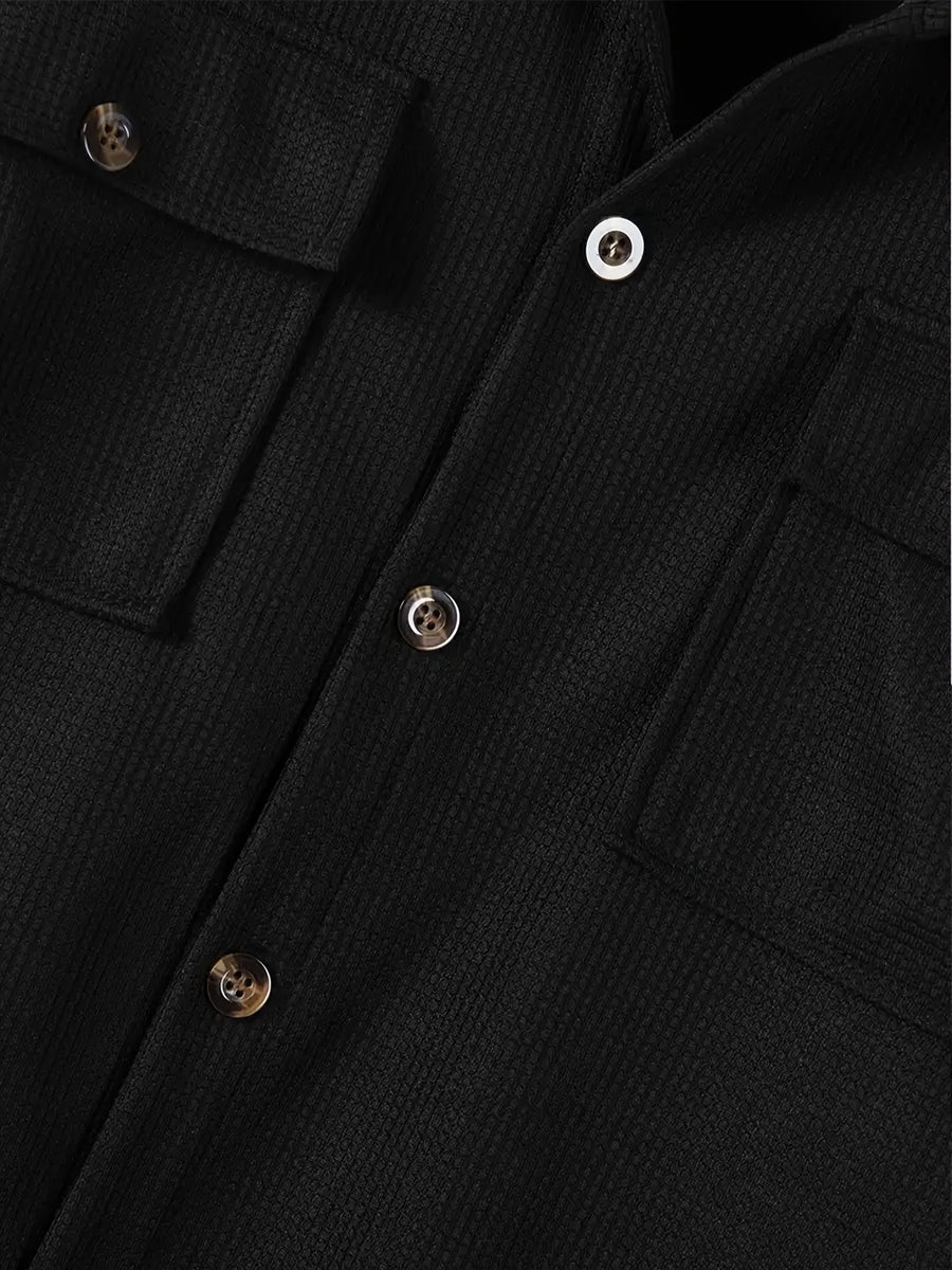 Men's Textured Lapel Casual Shirt Jacket, Lightly Mature Commuter Style, Wrinkle-Free and Easy to Care for. Simple and Textured Dual-Pocket Workwear Design. Subtle and Distinctive Label Decoration on the Chest. Suitable for Workplace, Daily Use - Black