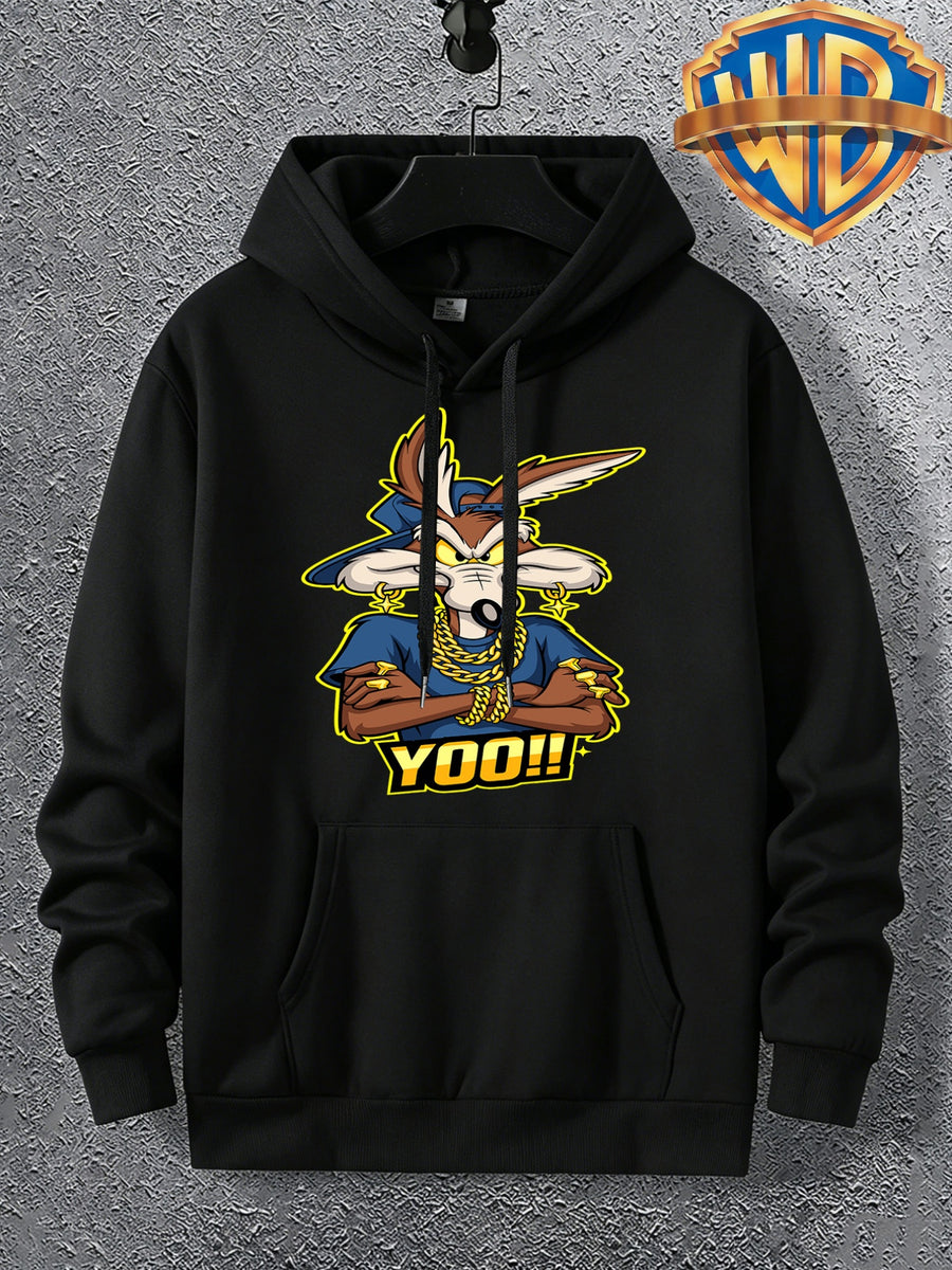 Warner Licensed Men'S Autumn Hooded Sweatshirt, Reinforced Ribbed Cuffs, Breathable Polyester Fabric, Hip-Hop Street Style Distorted Heart Wolf Pattern, Suitable for Retro Hip-Hop Outfits, Urban Trendy Men, Practical Kangaroo Pouch - Black